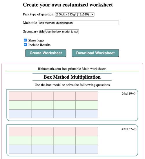 Box Method Multiplication Worksheet Generator RhinoMath Learning Math