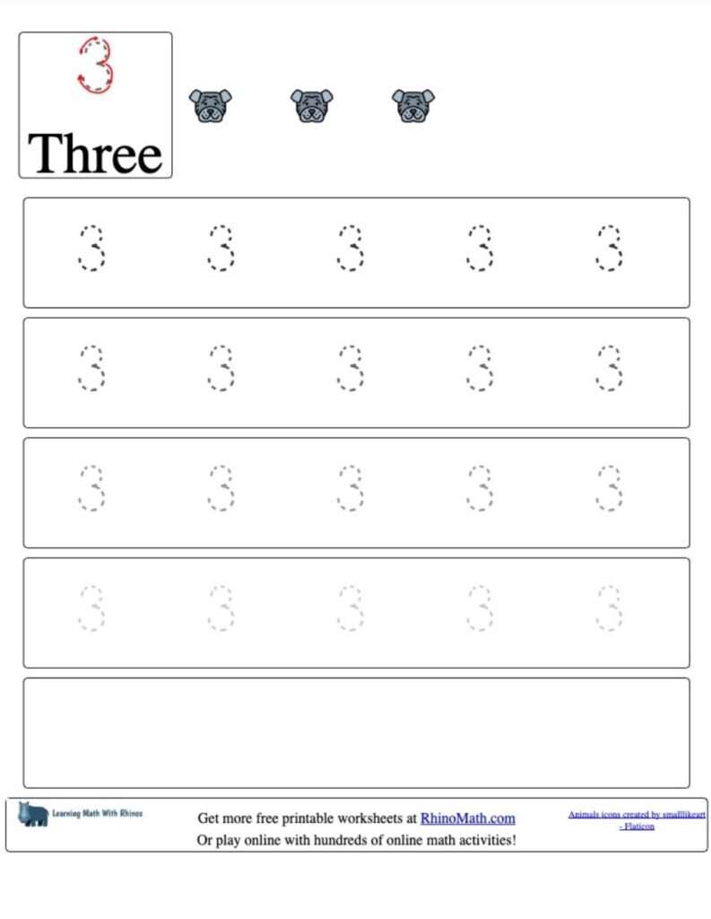 Tracing the Number 3 - Number Tracing Worksheets - RhinoMath.com ...