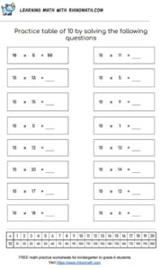 Table of 10 - multiplication chart worksheet - page 1