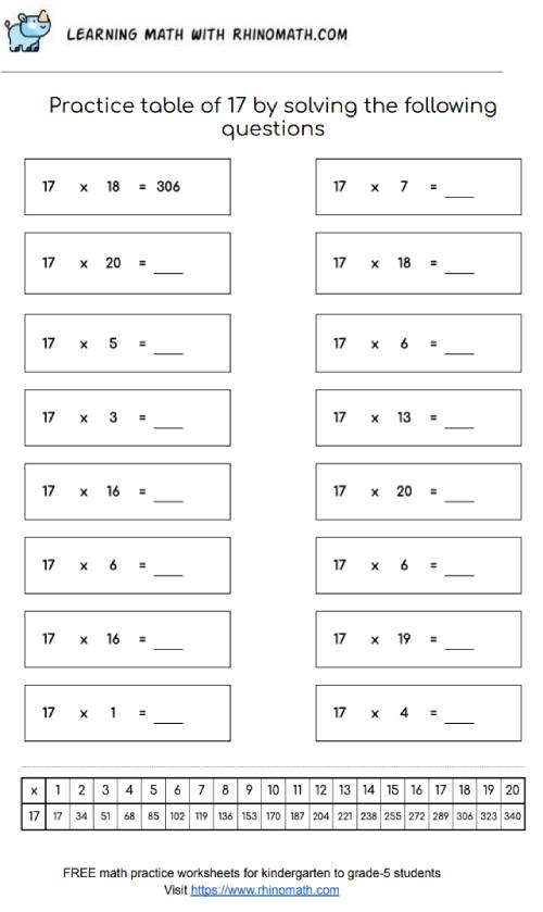 Table of 17 Worksheet - Page 2 - RhinoMath.com - Learning Math
